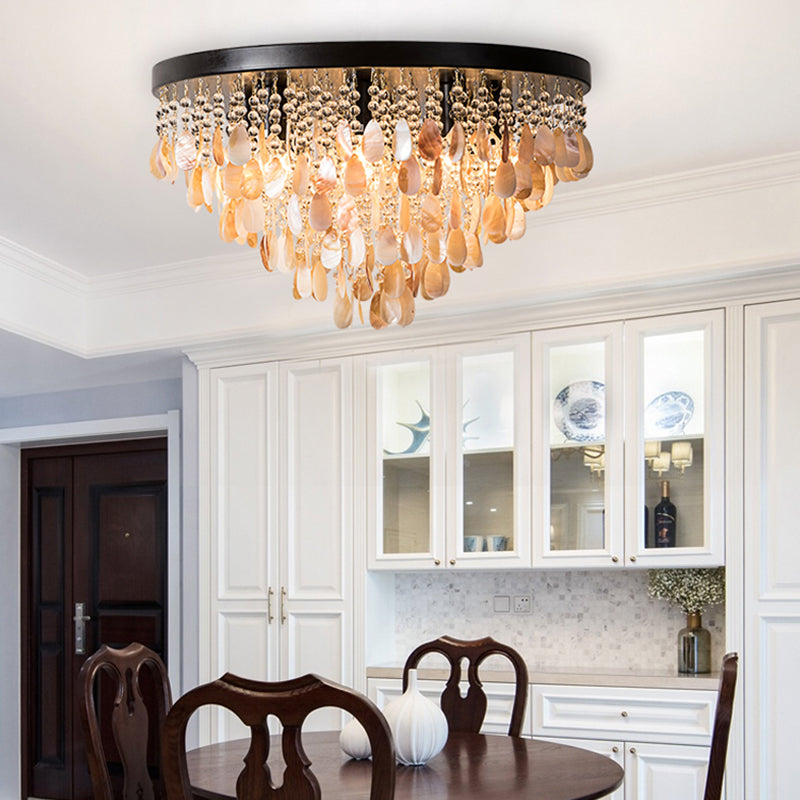 Cascade Shell and Crystal Flush Light Rustic 6/9 Lights Living Room Ceiling Light with Black/Brass Canopy, 16"/19.5" Wide Clearhalo 'Ceiling Lights' 'Close To Ceiling Lights' 'Close to ceiling' 'Flush mount' Lighting' 227980