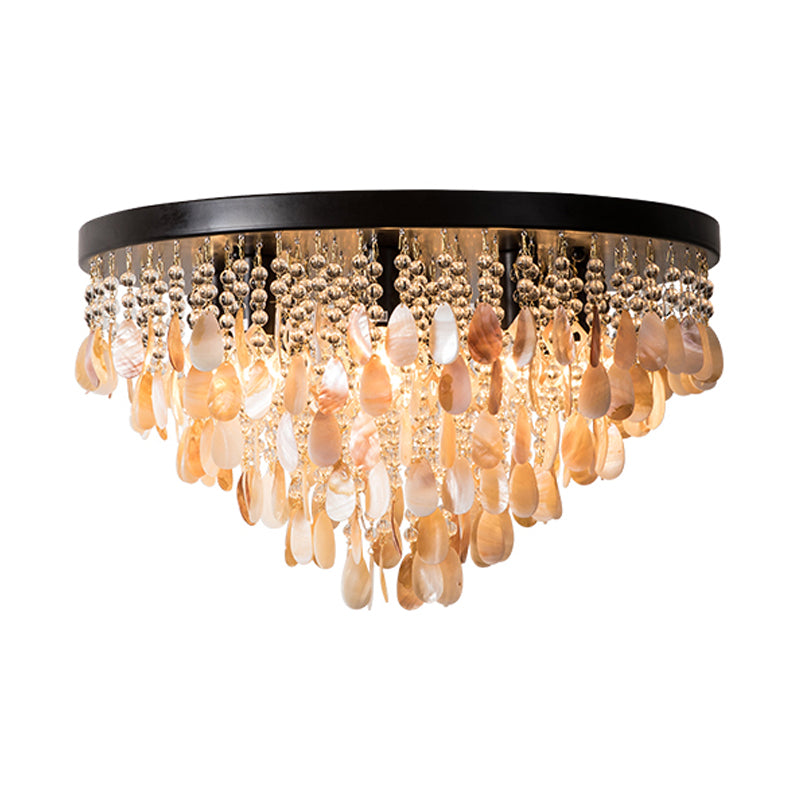 Cascade Shell and Crystal Flush Light Rustic 6/9 Lights Living Room Ceiling Light with Black/Brass Canopy, 16"/19.5" Wide Clearhalo 'Ceiling Lights' 'Close To Ceiling Lights' 'Close to ceiling' 'Flush mount' Lighting' 227981