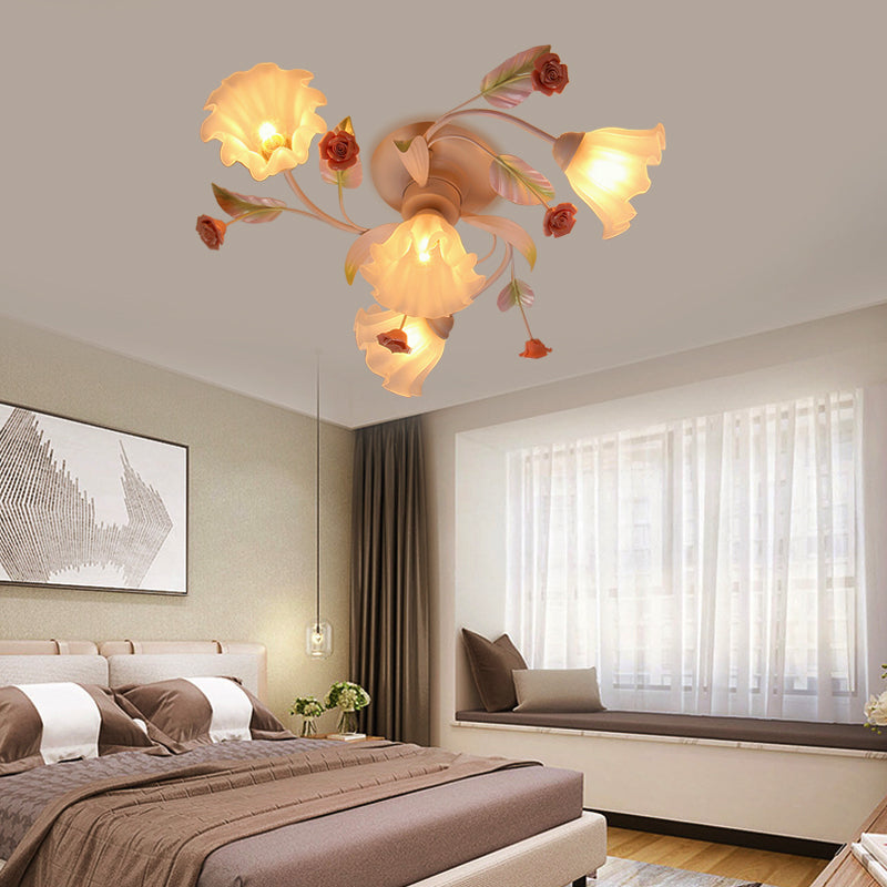 White Glass Flower Semi Flush Mount Light Rustic 4/7 Lights Bedroom Hanging Light Fixture 4 White Clearhalo 'Ceiling Lights' 'Close To Ceiling Lights' 'Close to ceiling' 'Glass shade' 'Glass' 'Semi-flushmount' Lighting' 227982