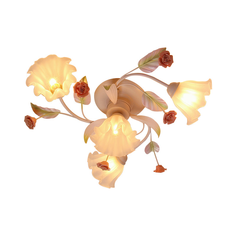 White Glass Flower Semi Flush Mount Light Rustic 4/7 Lights Bedroom Hanging Light Fixture Clearhalo 'Ceiling Lights' 'Close To Ceiling Lights' 'Close to ceiling' 'Glass shade' 'Glass' 'Semi-flushmount' Lighting' 227984