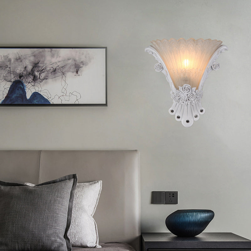 Flower White Glass Sconce Lamp Minimalist 1 Light Bedside Wall Mounted Light with Silver/White/Apricot Resin Base White Clearhalo 'Wall Lamps & Sconces' 'Wall Lights' Lighting' 227991