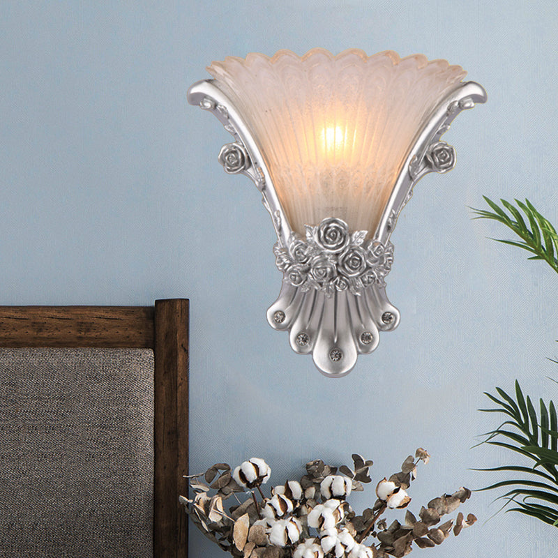 Flower White Glass Sconce Lamp Minimalist 1 Light Bedside Wall Mounted Light with Silver/White/Apricot Resin Base Silver Clearhalo 'Wall Lamps & Sconces' 'Wall Lights' Lighting' 227994