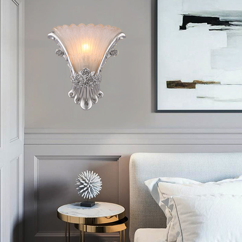 Flower White Glass Sconce Lamp Minimalist 1 Light Bedside Wall Mounted Light with Silver/White/Apricot Resin Base Clearhalo 'Wall Lamps & Sconces' 'Wall Lights' Lighting' 227995