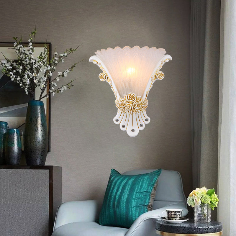 Flower White Glass Sconce Lamp Minimalist 1 Light Bedside Wall Mounted Light with Silver/White/Apricot Resin Base Clearhalo 'Wall Lamps & Sconces' 'Wall Lights' Lighting' 227998