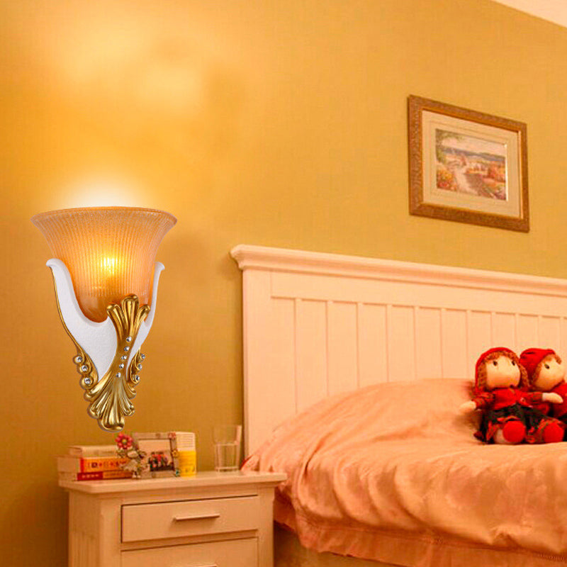 1 Light Ribbed Glass Wall Light Vintage White/Yellow Bell Shaped Bedside Sconce Light, 9.5"/13" Wide Clearhalo 'Wall Lamps & Sconces' 'Wall Lights' Lighting' 228003