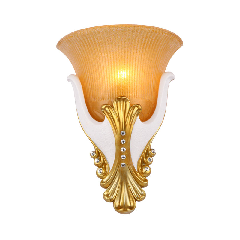 1 Light Ribbed Glass Wall Light Vintage White/Yellow Bell Shaped Bedside Sconce Light, 9.5"/13" Wide Clearhalo 'Wall Lamps & Sconces' 'Wall Lights' Lighting' 228004