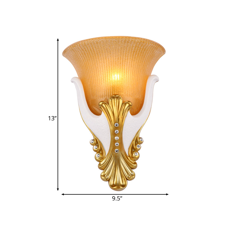 1 Light Ribbed Glass Wall Light Vintage White/Yellow Bell Shaped Bedside Sconce Light, 9.5"/13" Wide Clearhalo 'Wall Lamps & Sconces' 'Wall Lights' Lighting' 228005