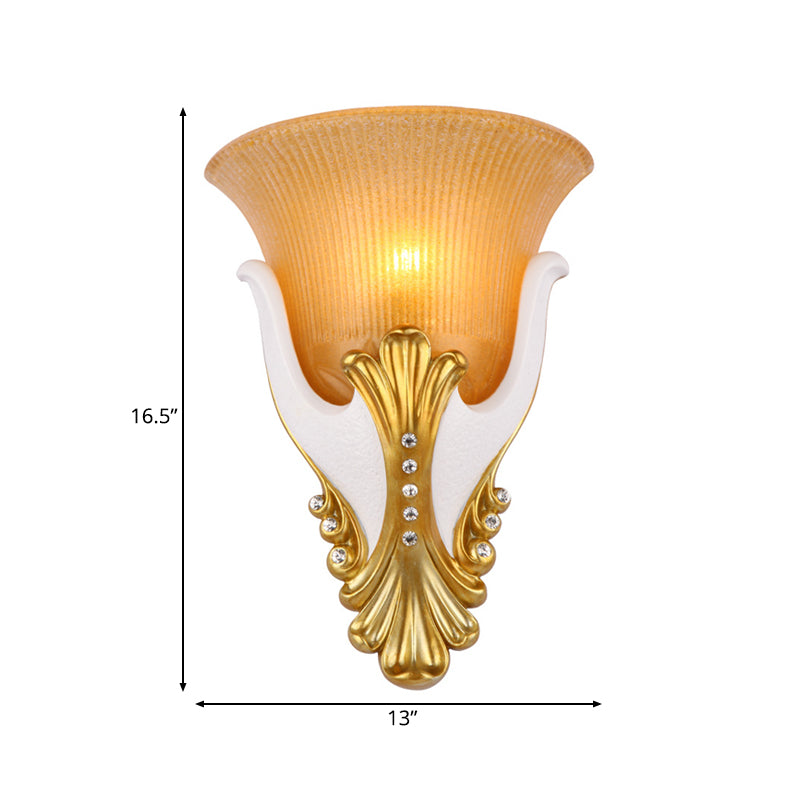 1 Light Ribbed Glass Wall Light Vintage White/Yellow Bell Shaped Bedside Sconce Light, 9.5"/13" Wide Clearhalo 'Wall Lamps & Sconces' 'Wall Lights' Lighting' 228006