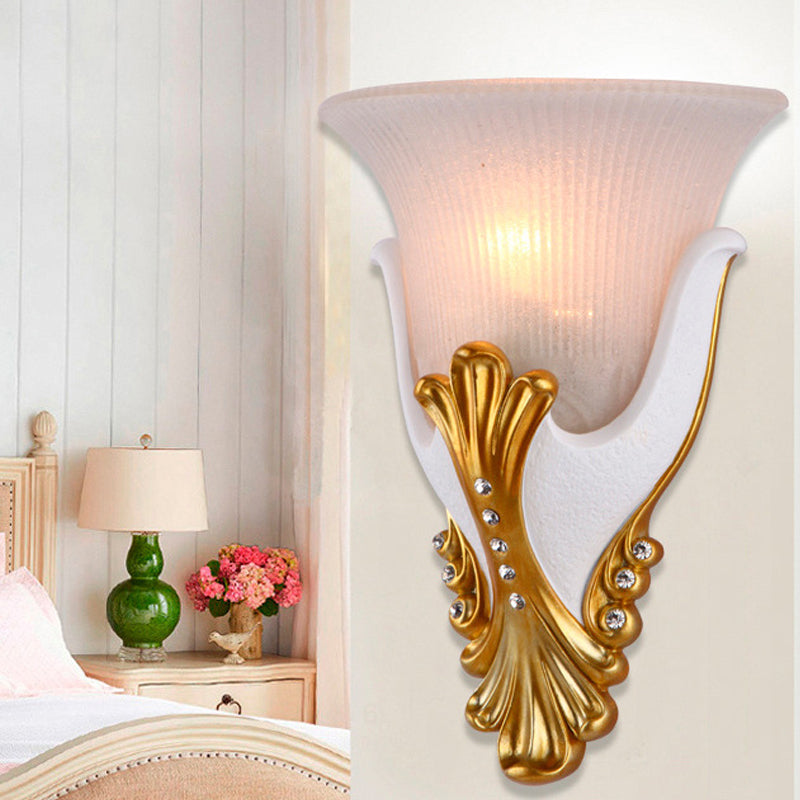 1 Light Ribbed Glass Wall Light Vintage White/Yellow Bell Shaped Bedside Sconce Light, 9.5"/13" Wide White Clearhalo 'Wall Lamps & Sconces' 'Wall Lights' Lighting' 228008