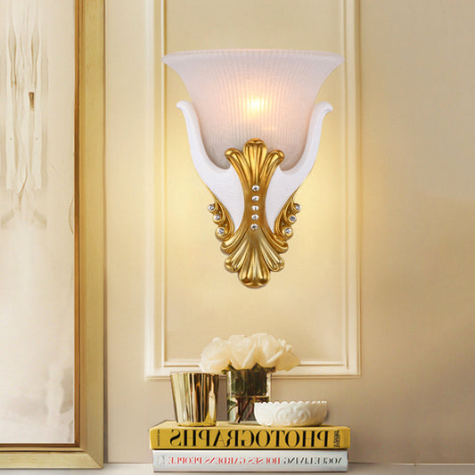 1 Light Ribbed Glass Wall Light Vintage White/Yellow Bell Shaped Bedside Sconce Light, 9.5"/13" Wide Clearhalo 'Wall Lamps & Sconces' 'Wall Lights' Lighting' 228009