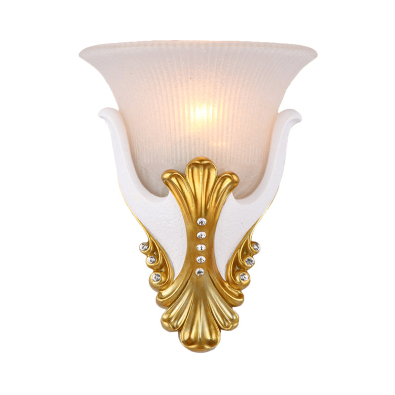 1 Light Ribbed Glass Wall Light Vintage White/Yellow Bell Shaped Bedside Sconce Light, 9.5"/13" Wide Clearhalo 'Wall Lamps & Sconces' 'Wall Lights' Lighting' 228010