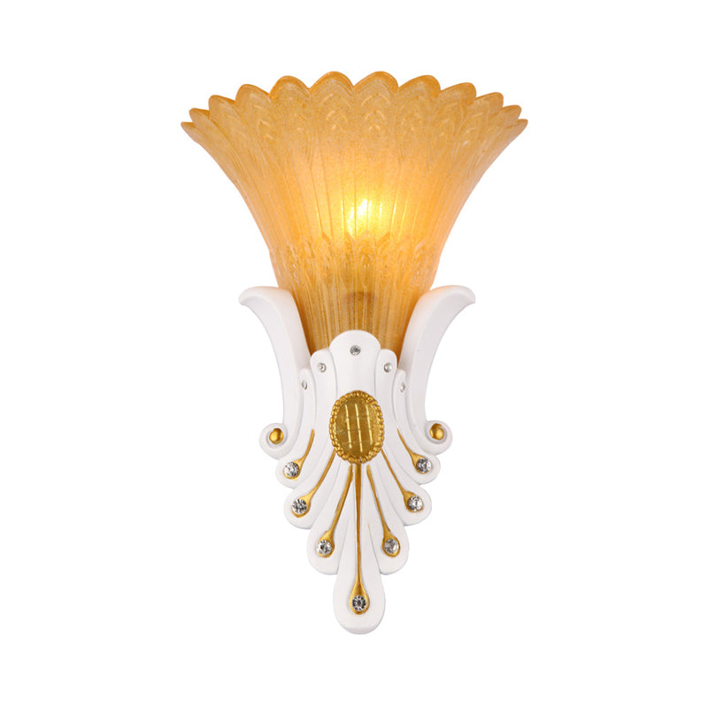 Flower Bedside Wall Light Fixture Traditional White/Yellow Glass 1 Light Sconce Light with Diamond Accent Clearhalo 'Wall Lamps & Sconces' 'Wall Lights' Lighting' 228016