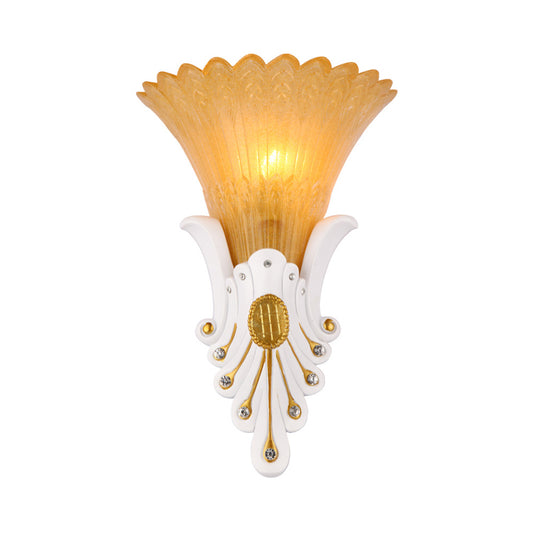 Flower Bedside Wall Light Fixture Traditional White/Yellow Glass 1 Light Sconce Light with Diamond Accent Clearhalo 'Wall Lamps & Sconces' 'Wall Lights' Lighting' 228016