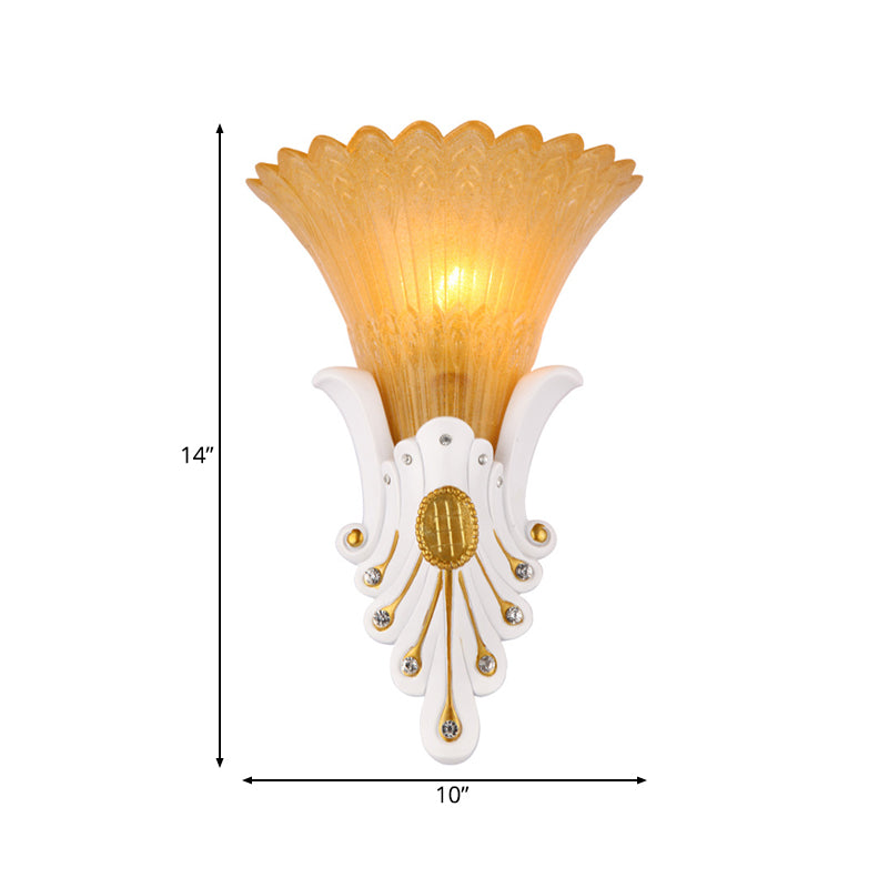 Flower Bedside Wall Light Fixture Traditional White/Yellow Glass 1 Light Sconce Light with Diamond Accent Clearhalo 'Wall Lamps & Sconces' 'Wall Lights' Lighting' 228017