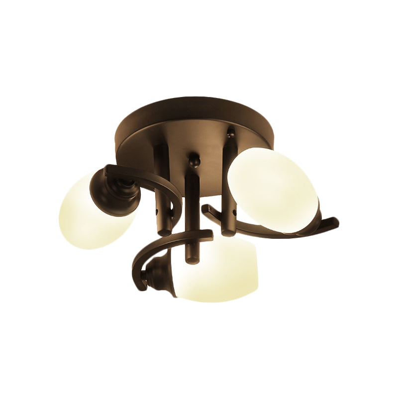 Oval White Glass Semi Flush Traditional 3/5/7 Lights Living Room Ceiling Light Fixture in Black Clearhalo 'Ceiling Lights' 'Close To Ceiling Lights' 'Close to ceiling' 'Glass shade' 'Glass' 'Semi-flushmount' Lighting' 228028