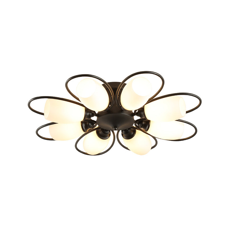 3/6/8 Lights Semi Flush Mount Traditional Flower Shape White Glass Ceiling Light in Black for Living Room Clearhalo 'Ceiling Lights' 'Close To Ceiling Lights' 'Close to ceiling' 'Glass shade' 'Glass' 'Semi-flushmount' Lighting' 228032