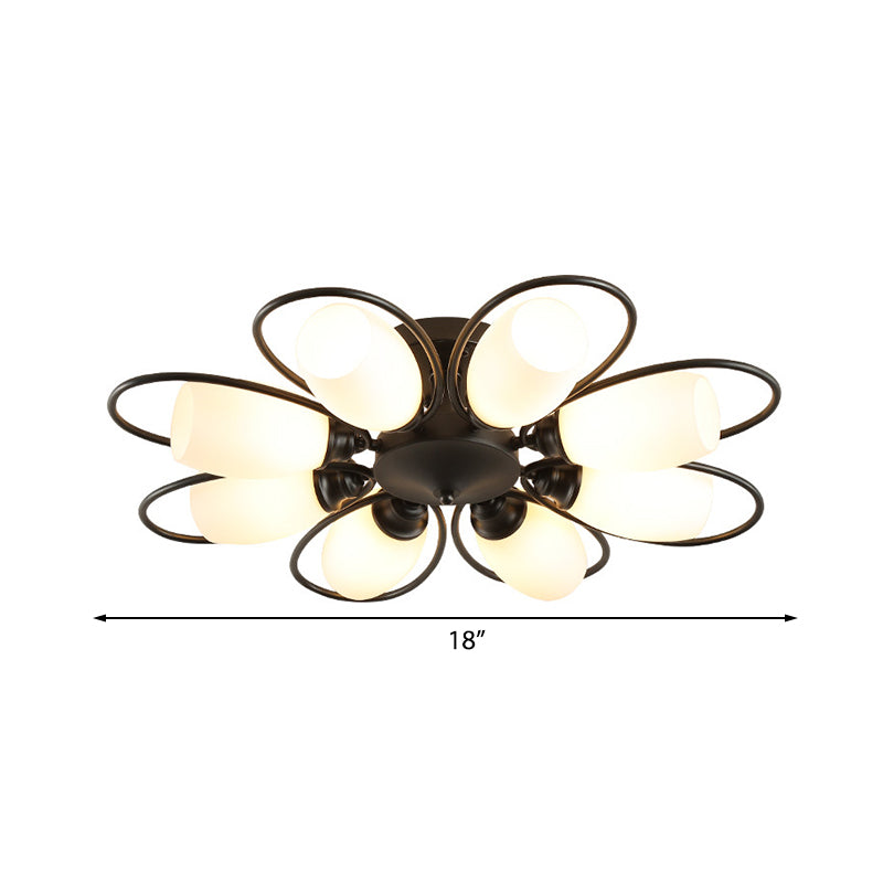 3/6/8 Lights Semi Flush Mount Traditional Flower Shape White Glass Ceiling Light in Black for Living Room Clearhalo 'Ceiling Lights' 'Close To Ceiling Lights' 'Close to ceiling' 'Glass shade' 'Glass' 'Semi-flushmount' Lighting' 228033