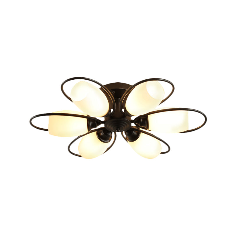 3/6/8 Lights Semi Flush Mount Traditional Flower Shape White Glass Ceiling Light in Black for Living Room Clearhalo 'Ceiling Lights' 'Close To Ceiling Lights' 'Close to ceiling' 'Glass shade' 'Glass' 'Semi-flushmount' Lighting' 228036
