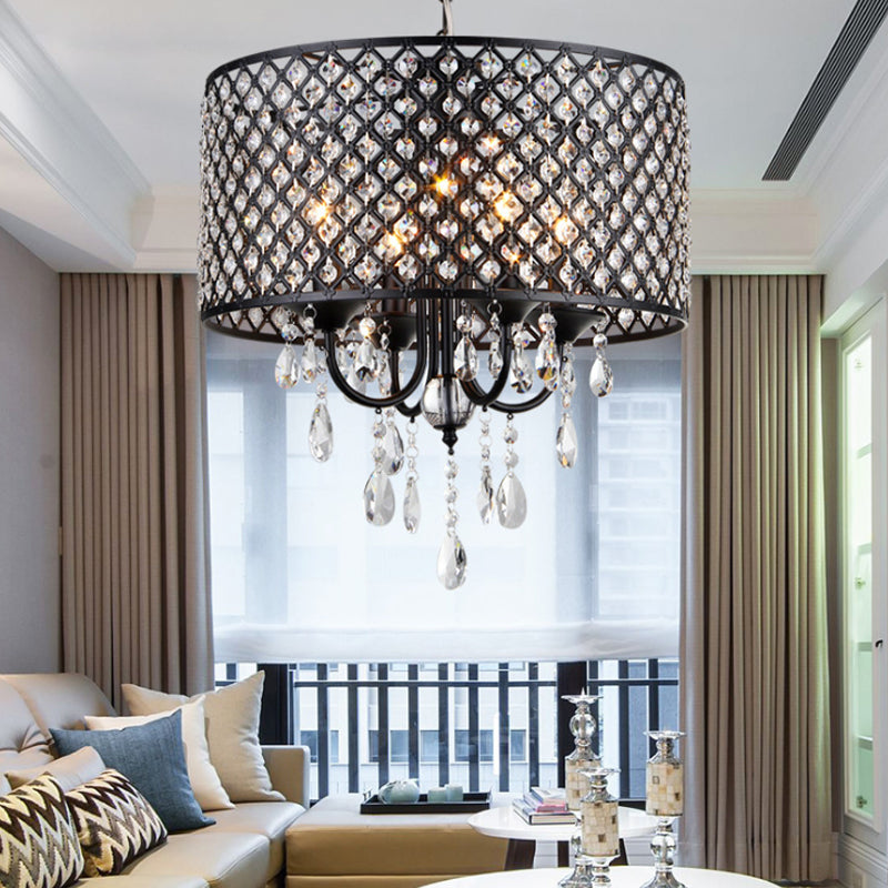 Crystal Black/Chrome Pendant Lamp Drum Shaped 4 Lights Rustic Chandelier Light Fixture for Dining Room Clearhalo 'Ceiling Lights' 'Chandeliers' Lighting' options 228077