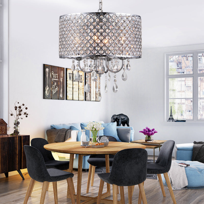 Crystal Black/Chrome Pendant Lamp Drum Shaped 4 Lights Rustic Chandelier Light Fixture for Dining Room Chrome Clearhalo 'Ceiling Lights' 'Chandeliers' Lighting' options 228079_249aa111-3dc1-4aa0-ae19-a3f9b04ba4fa