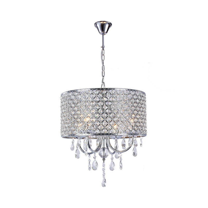 Crystal Black/Chrome Pendant Lamp Drum Shaped 4 Lights Rustic Chandelier Light Fixture for Dining Room Clearhalo 'Ceiling Lights' 'Chandeliers' Lighting' options 228081