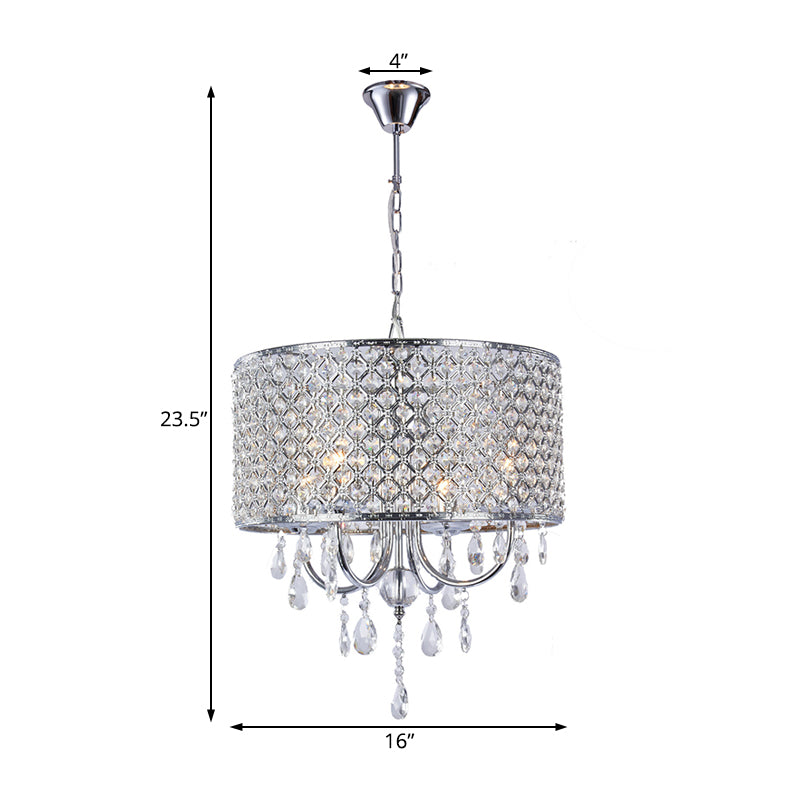 Crystal Black/Chrome Pendant Lamp Drum Shaped 4 Lights Rustic Chandelier Light Fixture for Dining Room Clearhalo 'Ceiling Lights' 'Chandeliers' Lighting' options 228082