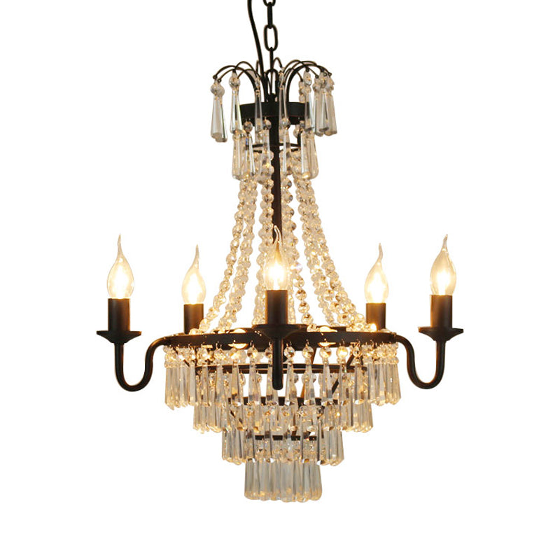 5 Lights Crystal Empire Chandelier Light Country Black Exposed Bulb Living Room Pendant Lighting Clearhalo 'Ceiling Lights' 'Chandeliers' Lighting' options 228085