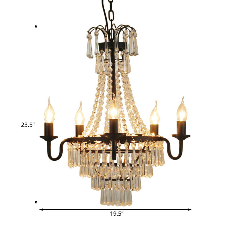 5 Lights Crystal Empire Chandelier Light Country Black Exposed Bulb Living Room Pendant Lighting Clearhalo 'Ceiling Lights' 'Chandeliers' Lighting' options 228086