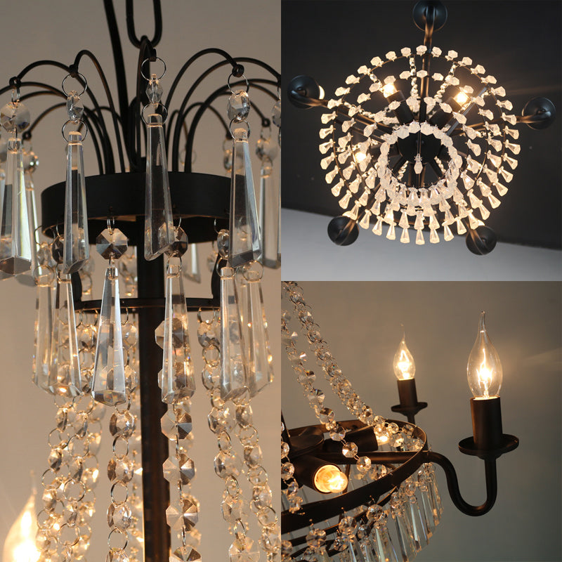 5 Lights Crystal Empire Chandelier Light Country Black Exposed Bulb Living Room Pendant Lighting Clearhalo 'Ceiling Lights' 'Chandeliers' Lighting' options 228087