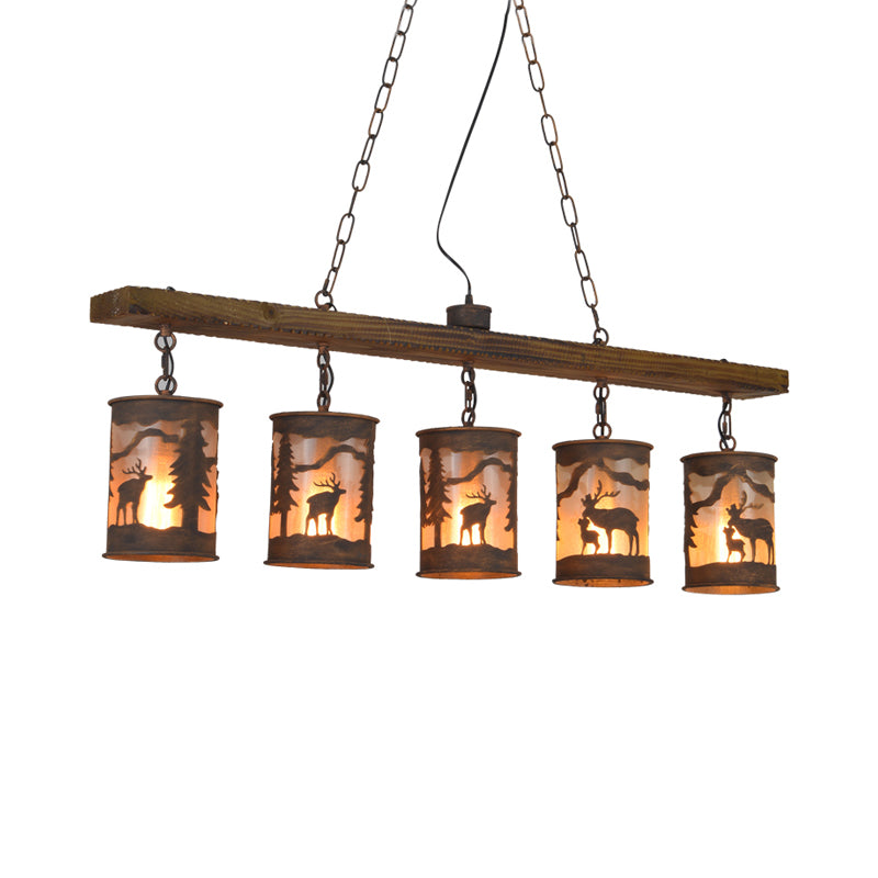Cylinder Island Chandelier Light with Metal and Fabric Shade 3/5/6 Lights Vintage Hanging Lamp in Rust Clearhalo 'Ceiling Lights' 'Chandeliers' Lighting' options 228094