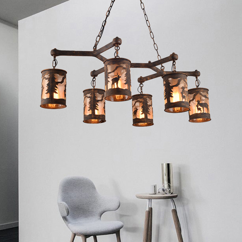 Cylinder Island Chandelier Light with Metal and Fabric Shade 3/5/6 Lights Vintage Hanging Lamp in Rust 6 Brown Clearhalo 'Ceiling Lights' 'Chandeliers' Lighting' options 228096_5a7935b8-c981-4585-a24a-19358de210ee