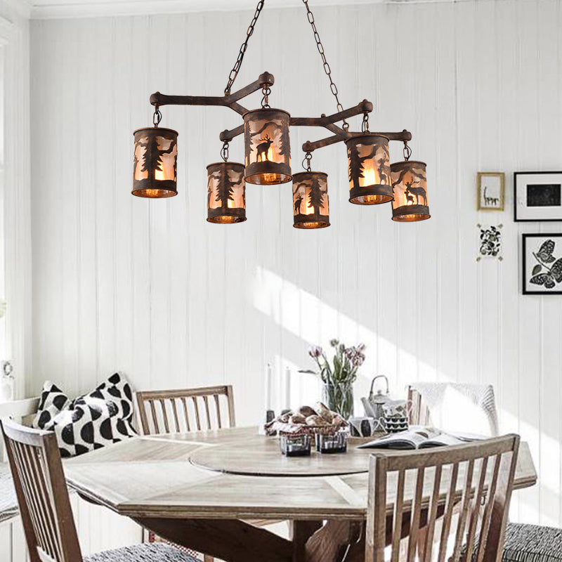 Cylinder Island Chandelier Light with Metal and Fabric Shade 3/5/6 Lights Vintage Hanging Lamp in Rust Clearhalo 'Ceiling Lights' 'Chandeliers' Lighting' options 228097