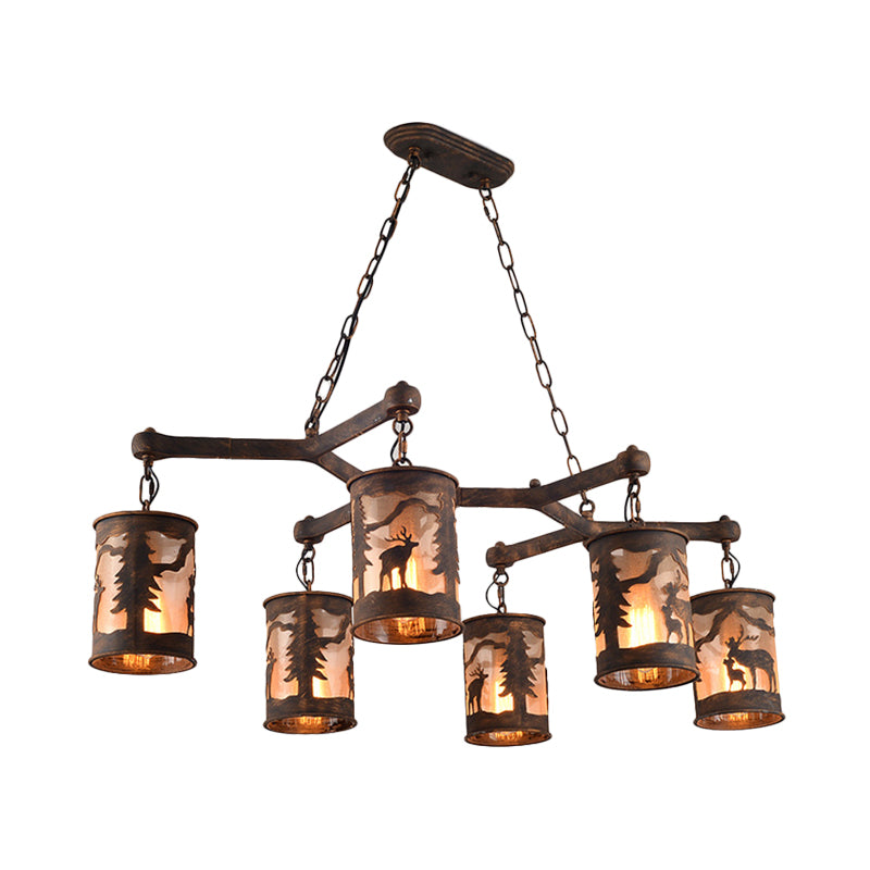 Cylinder Island Chandelier Light with Metal and Fabric Shade 3/5/6 Lights Vintage Hanging Lamp in Rust Clearhalo 'Ceiling Lights' 'Chandeliers' Lighting' options 228098