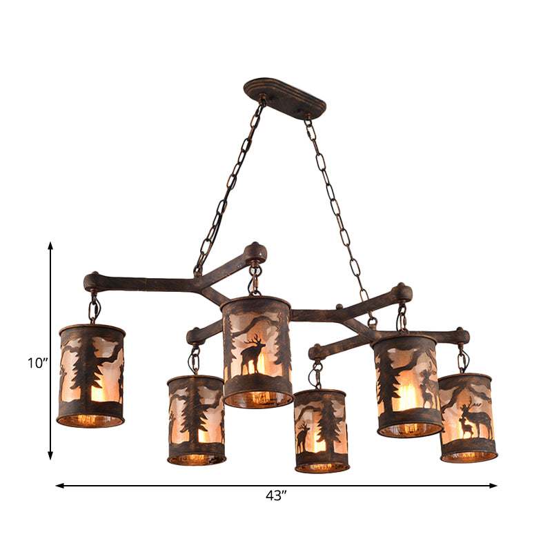 Cylinder Island Chandelier Light with Metal and Fabric Shade 3/5/6 Lights Vintage Hanging Lamp in Rust Clearhalo 'Ceiling Lights' 'Chandeliers' Lighting' options 228099