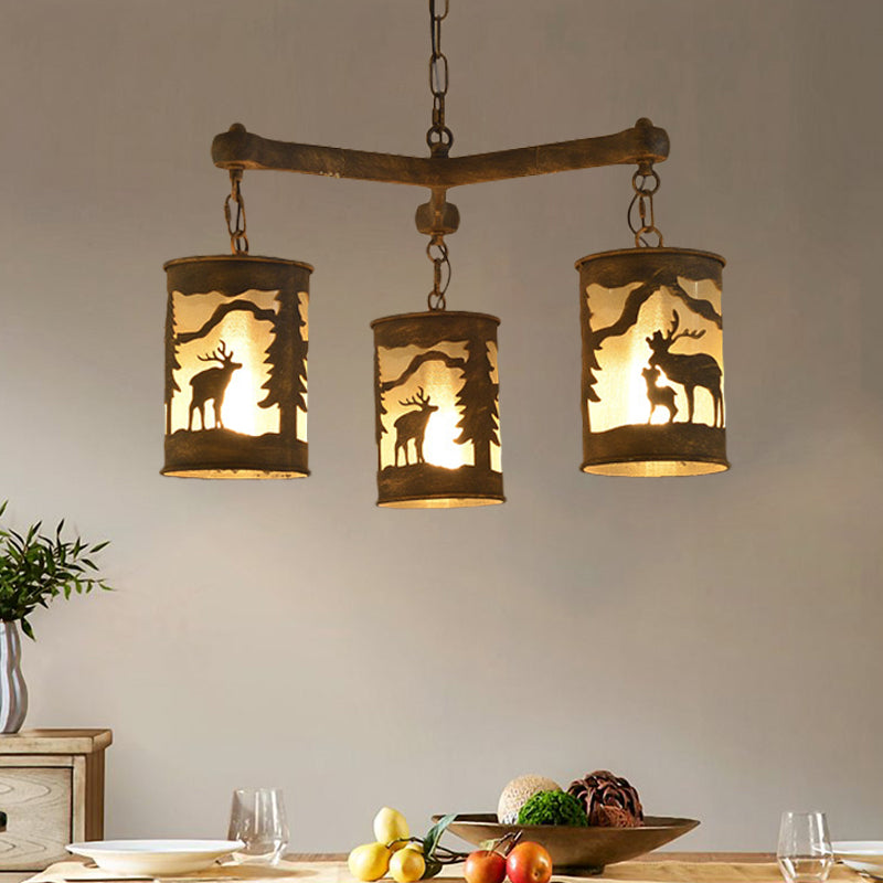 Cylinder Metal and Fabric Chandelier Light Rustic 3/6/9 Lights Dining Room Pendant Lighting in Brown with Deer Pattern Clearhalo 'Ceiling Lights' 'Chandeliers' Lighting' options 228131
