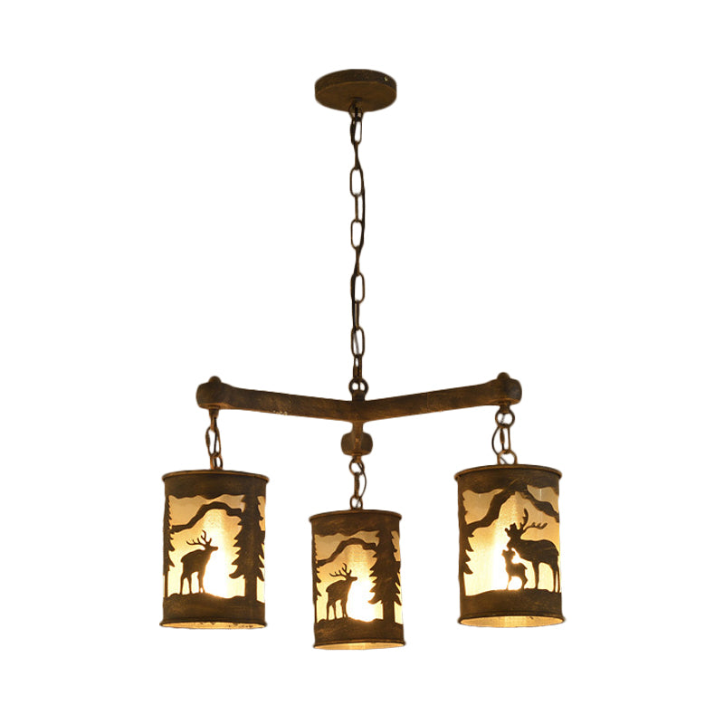 Cylinder Metal and Fabric Chandelier Light Rustic 3/6/9 Lights Dining Room Pendant Lighting in Brown with Deer Pattern Clearhalo 'Ceiling Lights' 'Chandeliers' Lighting' options 228132