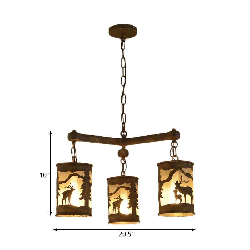 Cylinder Metal and Fabric Chandelier Light Rustic 3/6/9 Lights Dining Room Pendant Lighting in Brown with Deer Pattern Clearhalo 'Ceiling Lights' 'Chandeliers' Lighting' options 228133