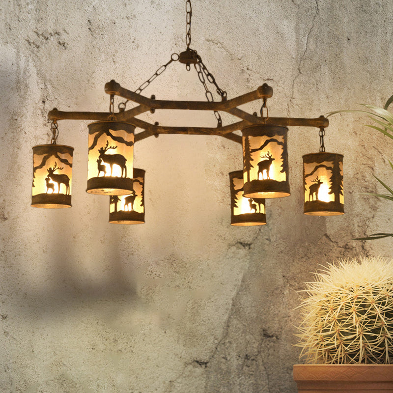 Cylinder Metal and Fabric Chandelier Light Rustic 3/6/9 Lights Dining Room Pendant Lighting in Brown with Deer Pattern Clearhalo 'Ceiling Lights' 'Chandeliers' Lighting' options 228134
