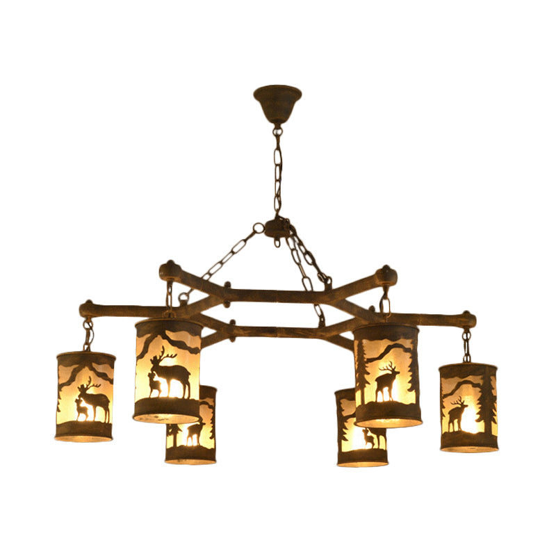 Cylinder Metal and Fabric Chandelier Light Rustic 3/6/9 Lights Dining Room Pendant Lighting in Brown with Deer Pattern Clearhalo 'Ceiling Lights' 'Chandeliers' Lighting' options 228136