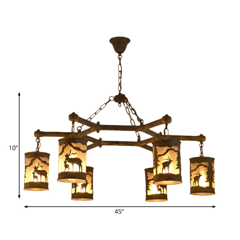 Cylinder Metal and Fabric Chandelier Light Rustic 3/6/9 Lights Dining Room Pendant Lighting in Brown with Deer Pattern Clearhalo 'Ceiling Lights' 'Chandeliers' Lighting' options 228137