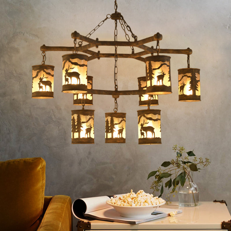 Cylinder Metal and Fabric Chandelier Light Rustic 3/6/9 Lights Dining Room Pendant Lighting in Brown with Deer Pattern Clearhalo 'Ceiling Lights' 'Chandeliers' Lighting' options 228138