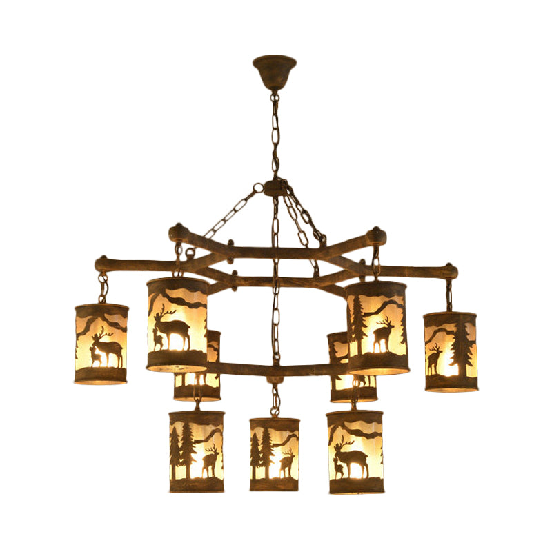 Cylinder Metal and Fabric Chandelier Light Rustic 3/6/9 Lights Dining Room Pendant Lighting in Brown with Deer Pattern Clearhalo 'Ceiling Lights' 'Chandeliers' Lighting' options 228140
