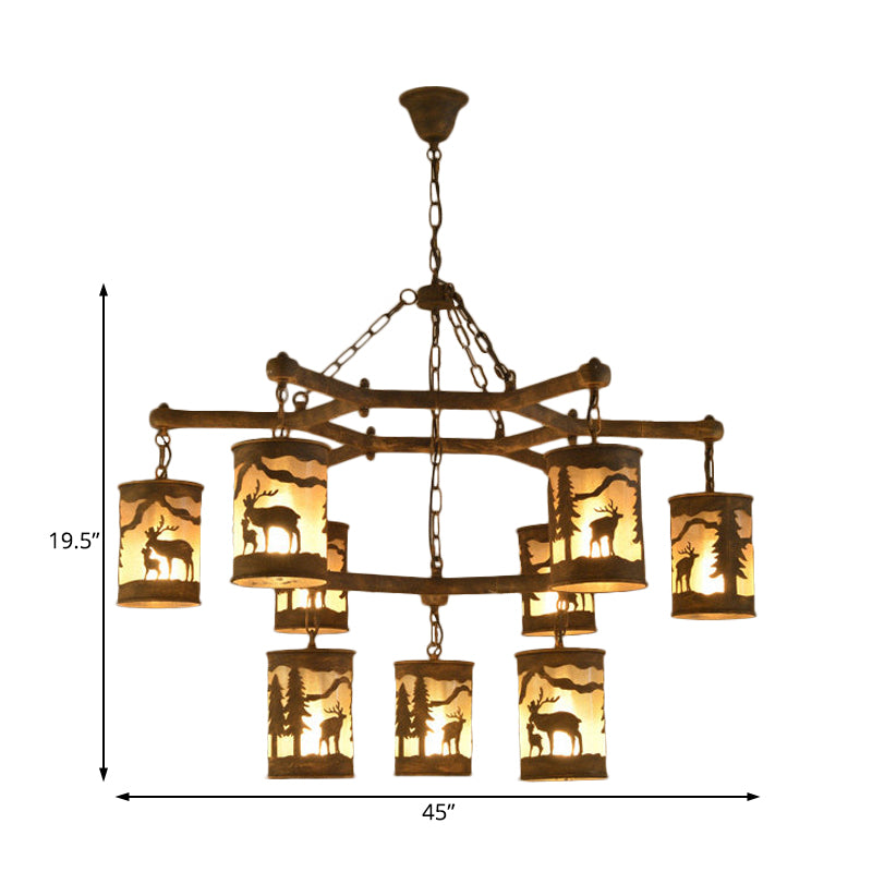 Cylinder Metal and Fabric Chandelier Light Rustic 3/6/9 Lights Dining Room Pendant Lighting in Brown with Deer Pattern Clearhalo 'Ceiling Lights' 'Chandeliers' Lighting' options 228141