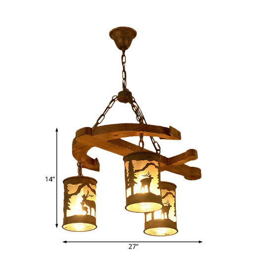 Cylinder Living Room Chandelier Rustic Wood 3 Lights Brown Hanging Fixture with Anchor Accents Clearhalo 'Ceiling Lights' 'Chandeliers' Lighting' options 228145