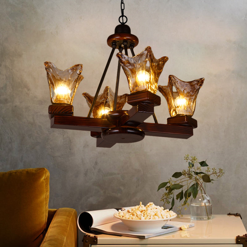 Wood Flower Shaped Hanging Chandelier Rustic 4/6 Lights Dining Room Pendant Light in Red Brown with Tan Textured Glass Clearhalo 'Ceiling Lights' 'Chandeliers' Lighting' options 228179