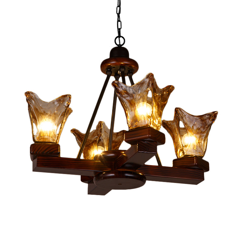 Wood Flower Shaped Hanging Chandelier Rustic 4/6 Lights Dining Room Pendant Light in Red Brown with Tan Textured Glass Clearhalo 'Ceiling Lights' 'Chandeliers' Lighting' options 228180