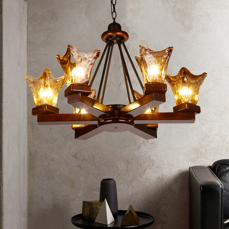 Wood Flower Shaped Hanging Chandelier Rustic 4/6 Lights Dining Room Pendant Light in Red Brown with Tan Textured Glass 6 Red Brown Clearhalo 'Ceiling Lights' 'Chandeliers' Lighting' options 228182_5b6d8725-0173-46e9-bae8-e791f6c538f7