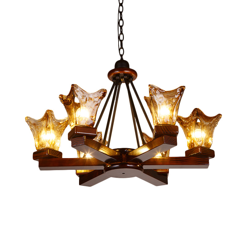 Wood Flower Shaped Hanging Chandelier Rustic 4/6 Lights Dining Room Pendant Light in Red Brown with Tan Textured Glass Clearhalo 'Ceiling Lights' 'Chandeliers' Lighting' options 228184