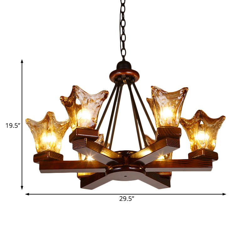 Wood Flower Shaped Hanging Chandelier Rustic 4/6 Lights Dining Room Pendant Light in Red Brown with Tan Textured Glass Clearhalo 'Ceiling Lights' 'Chandeliers' Lighting' options 228185