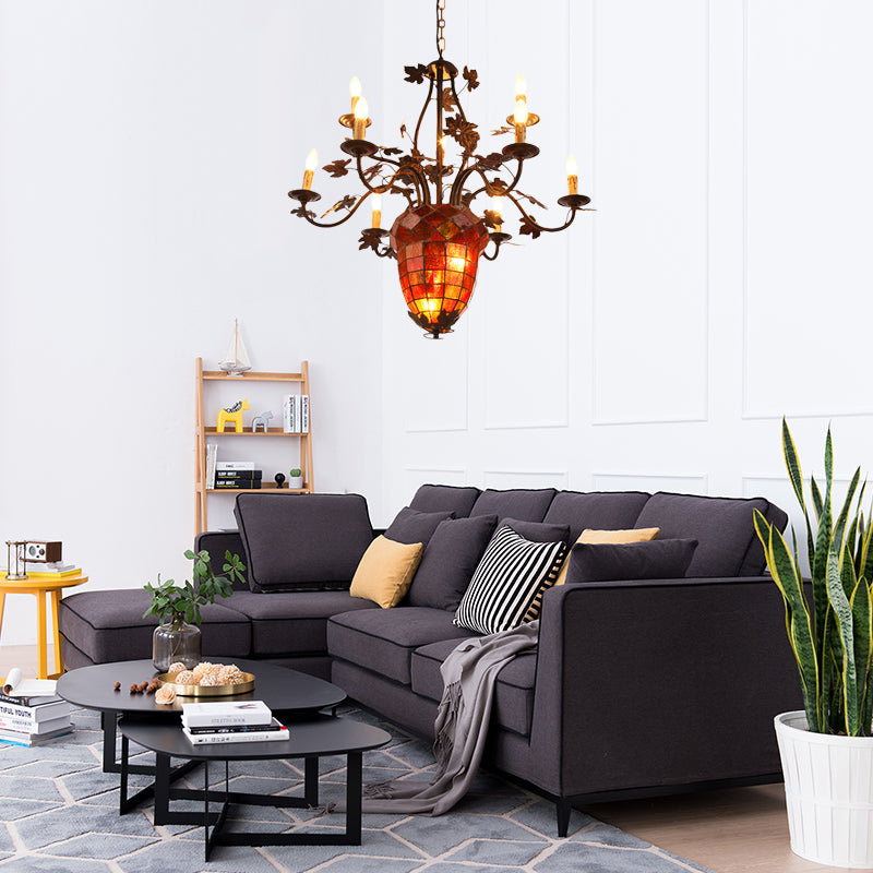 12 Lights Candle Chandelier Rustic Brown Metal Pendant Light Fixture for Living Room with Pinecone Clearhalo 'Ceiling Lights' 'Chandeliers' Lighting' options 228197